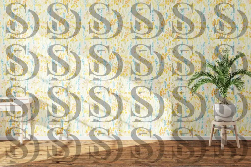 Light cream wallpaper featuring yellow and blue wildflower meadow design
